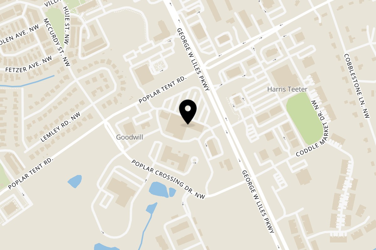 Map showing the location of Rosario's Pizza on 5303 Poplar Tent Rd unit 130 in Concord